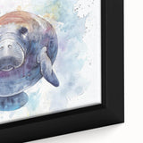 Close-up of a framed canvas wall art featuring a vibrant marine life design of a manatee, showcasing intricate details and rich colors, ideal for ocean-themed decor.