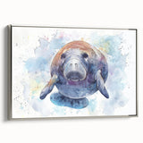 Framed canvas wall art featuring a serene manatee design in vibrant colors, showcasing marine life in a silver frame, ideal for ocean-themed decor.