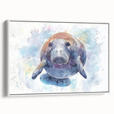 Framed canvas wall art featuring a serene manatee design, showcasing soft blue tones and intricate details, ideal for marine-themed decor.