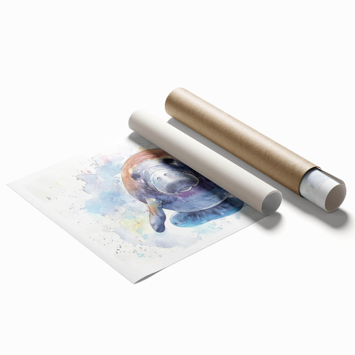 Manatee wall art print showcasing vibrant marine life design with colorful aquatic elements, rolled for easy display and shipping in a protective tube.