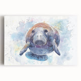 Vibrant stretched canvas wall art featuring a serene manatee design against a soothing blue background, perfect for marine life enthusiasts and home decor.