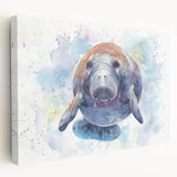 Stretched canvas wall art featuring a vibrant marine life design, showcasing a side view of a playful manatee surrounded by colorful sea plants, perfect for ocean-themed decor.