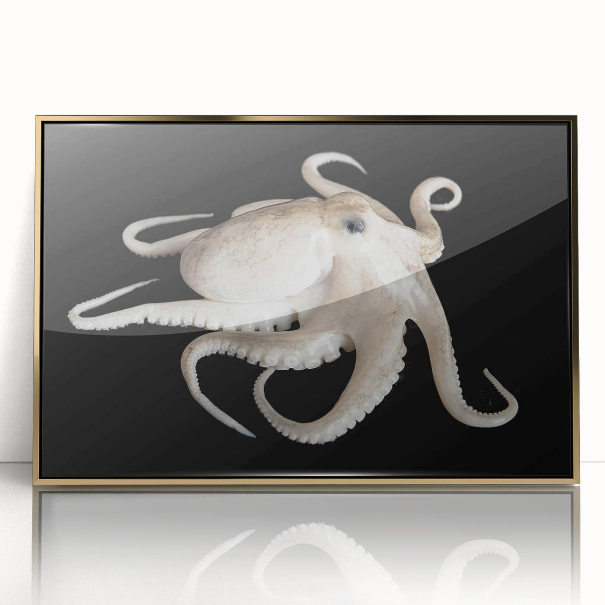 Framed wall art showcasing a vibrant octopus design in gold-acrylic, highlighting marine life themes, perfect for ocean-inspired decor.