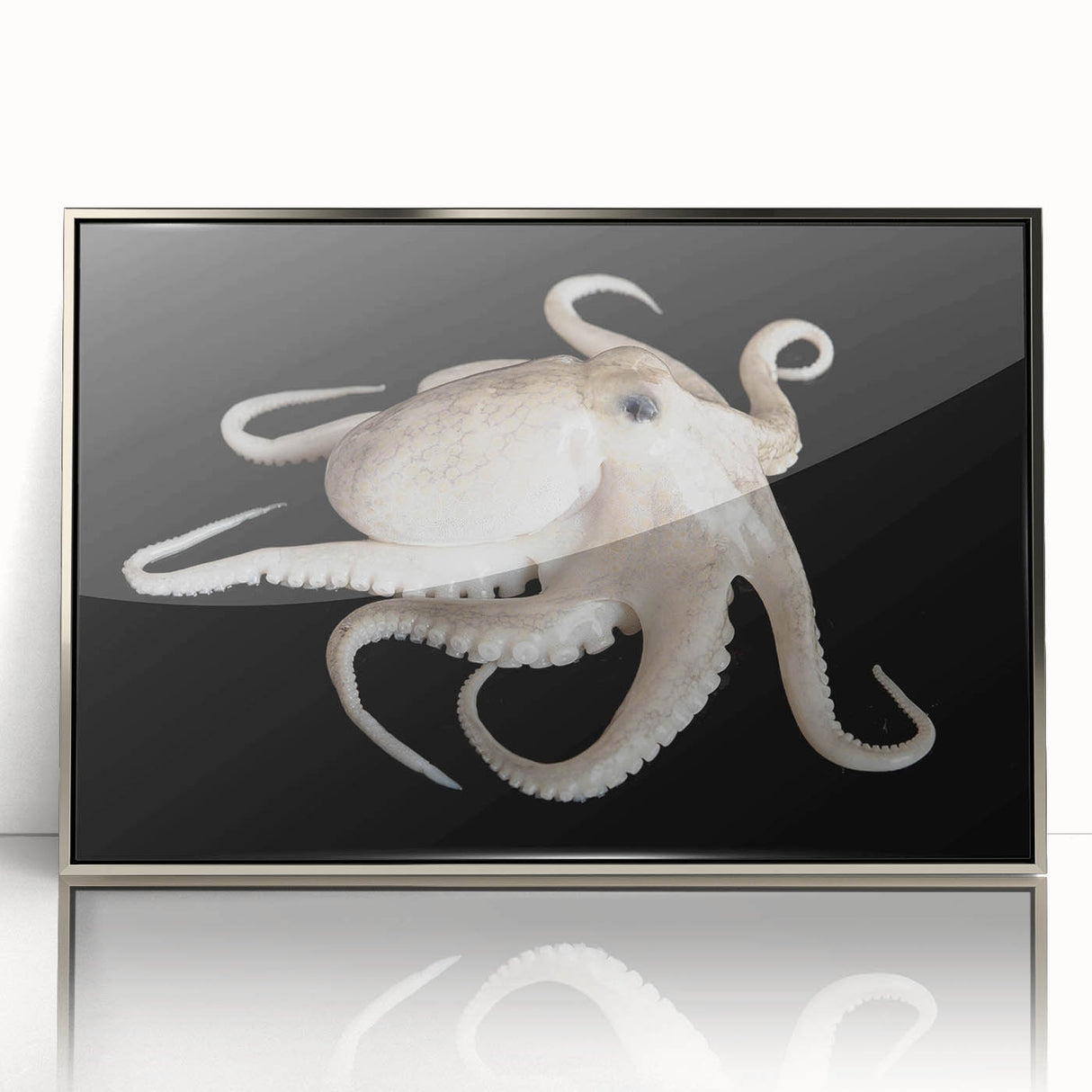 Framed acrylic wall art featuring a vibrant octopus design in shades of blue and silver, perfect for marine life enthusiasts and modern decor.