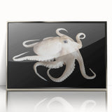 Framed acrylic wall art featuring a vibrant octopus design in shades of blue and silver, perfect for marine life enthusiasts and modern decor.