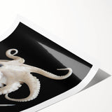 Vibrant octopus wall art print showcasing intricate marine life details in bold colors, rolled and ready for framing, perfect for ocean-themed decor.