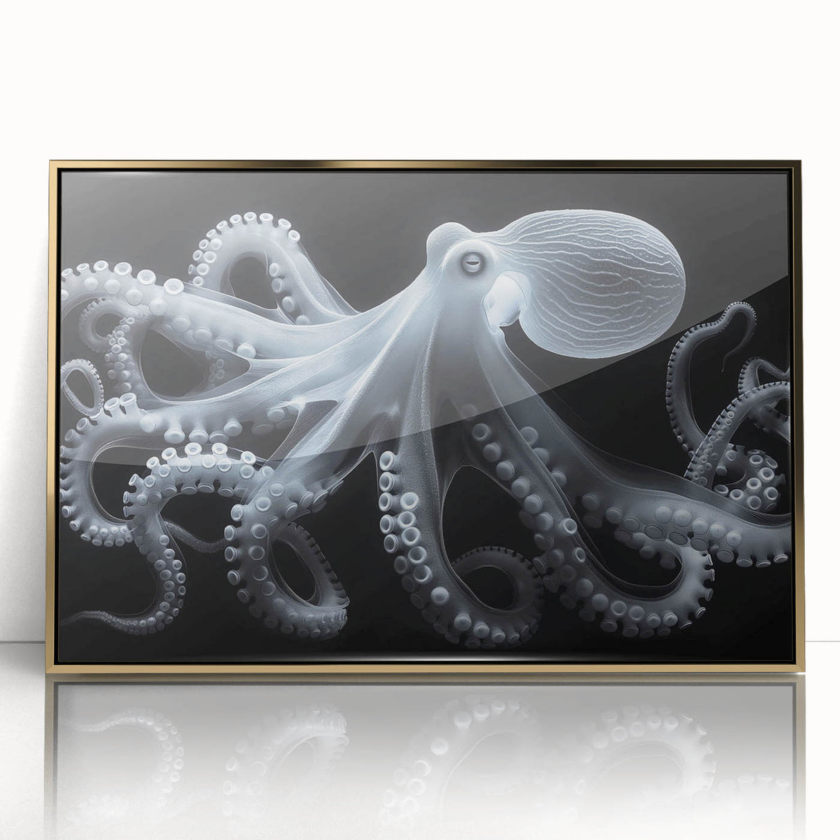 Framed wall art featuring a vibrant octopus design in shades of blue and gold, showcasing marine life with a sleek acrylic front for a modern touch.
