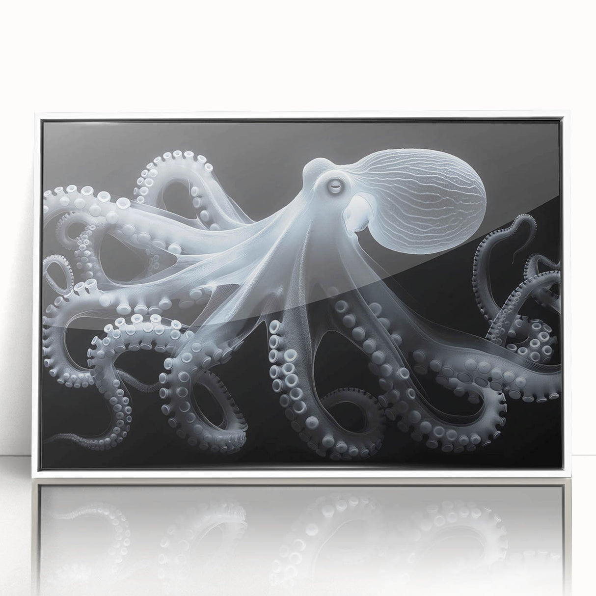Framed wall art featuring a vibrant octopus design in a marine life theme, showcasing rich colors against a white background for a modern decor look.