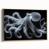 Framed canvas art featuring a vibrant octopus design in shades of blue and gold, elegantly showcased against a textured background, perfect for marine life enthusiasts.