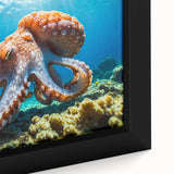 Close-up of a framed canvas wall art depicting a vibrant octopus design, showcasing intricate details and bold colors, perfect for marine life enthusiasts.