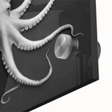 Close-up view of vibrant marine life wall art featuring an intricate octopus design on acrylic glass, highlighting rich colors and fine details, perfect for ocean-themed decor.