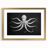 Elegant octopus wall art design in a gold frame, featuring intricate marine life details and a stylish matting, perfect for coastal-themed decor.