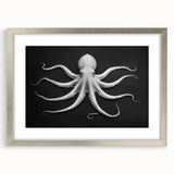 Elegant octopus wall art design in a sleek silver frame with matting, showcasing vibrant marine life details, perfect for home decor enthusiasts.