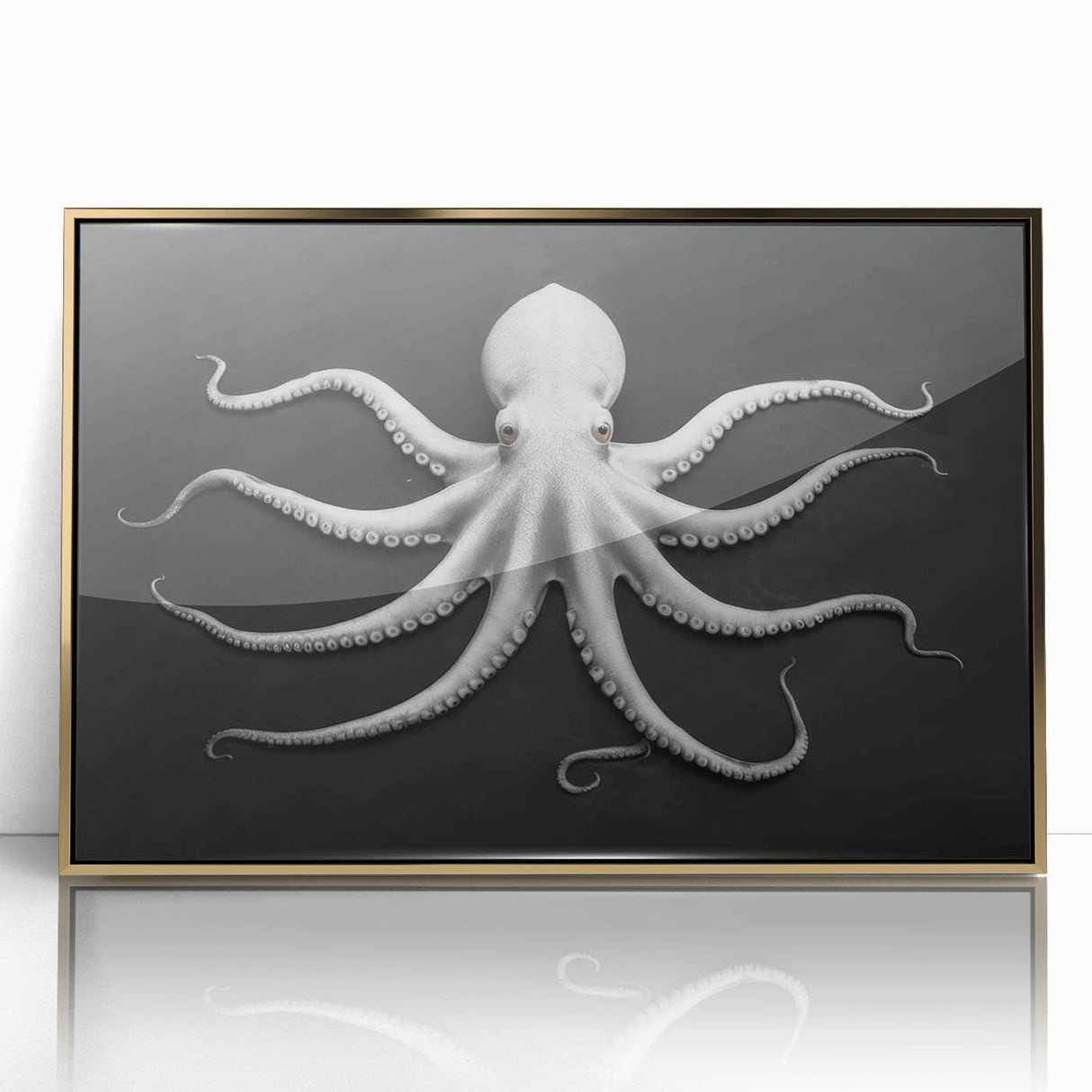 Framed wall art featuring a vibrant octopus design, showcasing intricate marine life details and a sleek gold frame, perfect for coastal-themed decor.