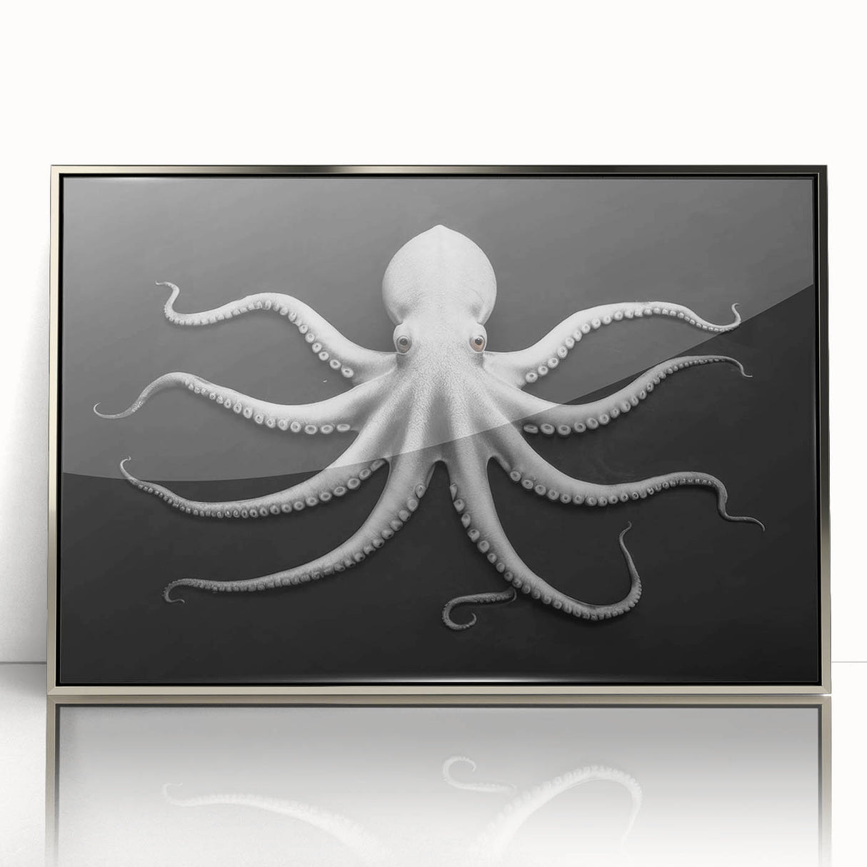 Framed wall art showcasing a vibrant octopus design in acrylic with a sleek silver frame, perfect for marine life enthusiasts and modern decor.