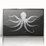 Framed wall art showcasing a vibrant octopus design in acrylic with a sleek silver frame, perfect for marine life enthusiasts and modern decor.