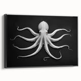 Framed canvas wall art showcasing a detailed octopus design in vibrant colors, set against a black background, perfect for marine life enthusiasts and modern decor.
