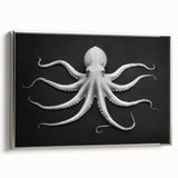 Framed wall art featuring a striking octopus design on a canvas, showcasing vibrant colors of blue and orange, with a sleek silver frame for a modern touch. Ideal for marine life enthusiasts and coastal-themed decor.