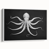 Framed canvas wall art showcasing a vibrant octopus design in shades of blue and orange, set against a white background, perfect for marine life enthusiasts.