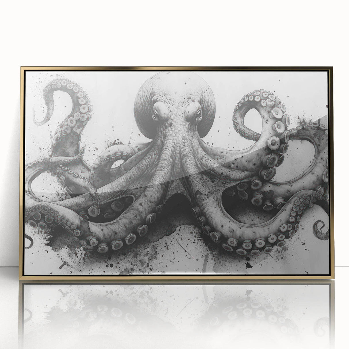 Framed acrylic wall art featuring a vibrant octopus design with gold accents, set against a sleek background, ideal for marine life enthusiasts and modern decor.