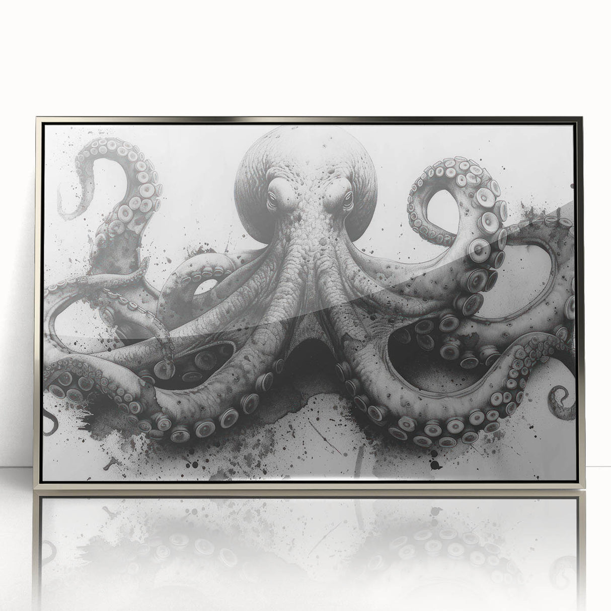 Framed wall art featuring a detailed octopus design in vibrant colors, set in a sleek silver frame, perfect for marine life enthusiasts and modern decor.
