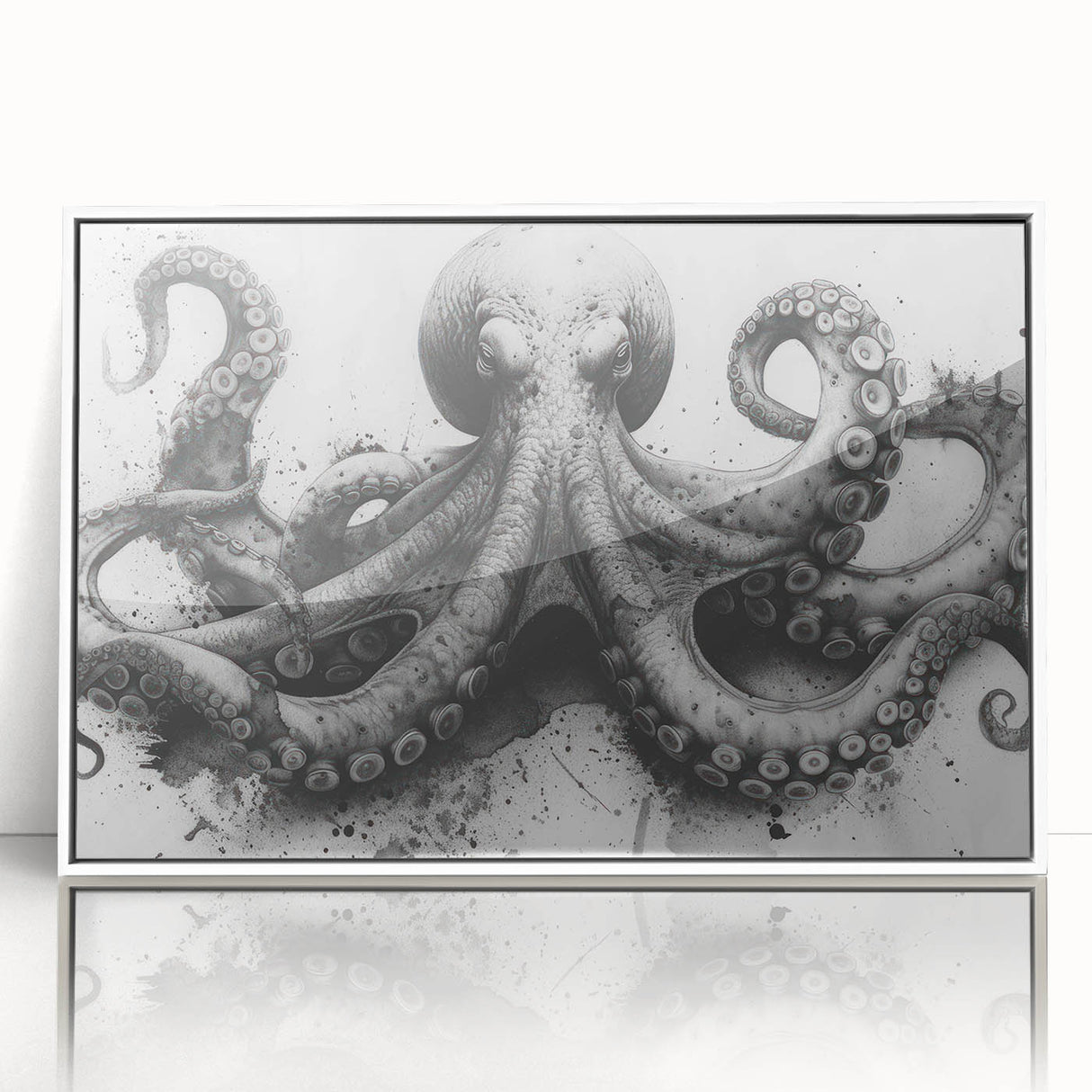Framed wall art featuring a vibrant octopus design in marine life theme, showcased in a sleek white frame, ideal for ocean-inspired decor and art lovers.