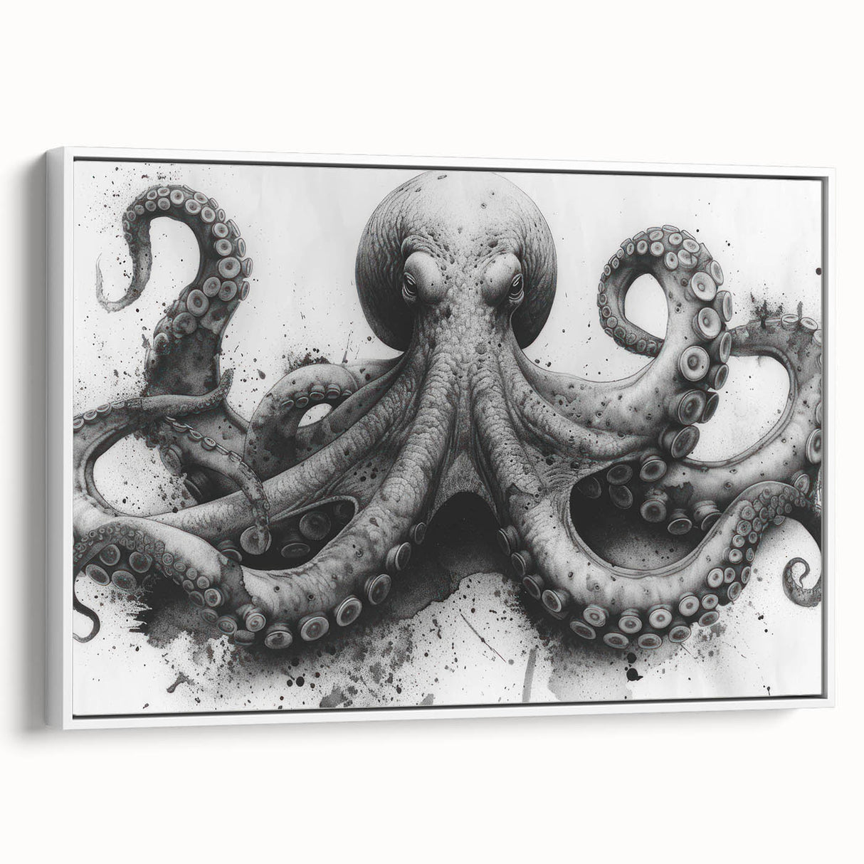 Framed canvas wall art showcasing a vibrant octopus design in marine life theme, featuring a white background and artistic details, perfect for ocean lovers.