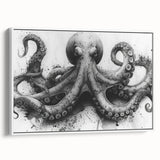 Framed canvas wall art showcasing a vibrant octopus design in marine life theme, featuring a white background and artistic details, perfect for ocean lovers.