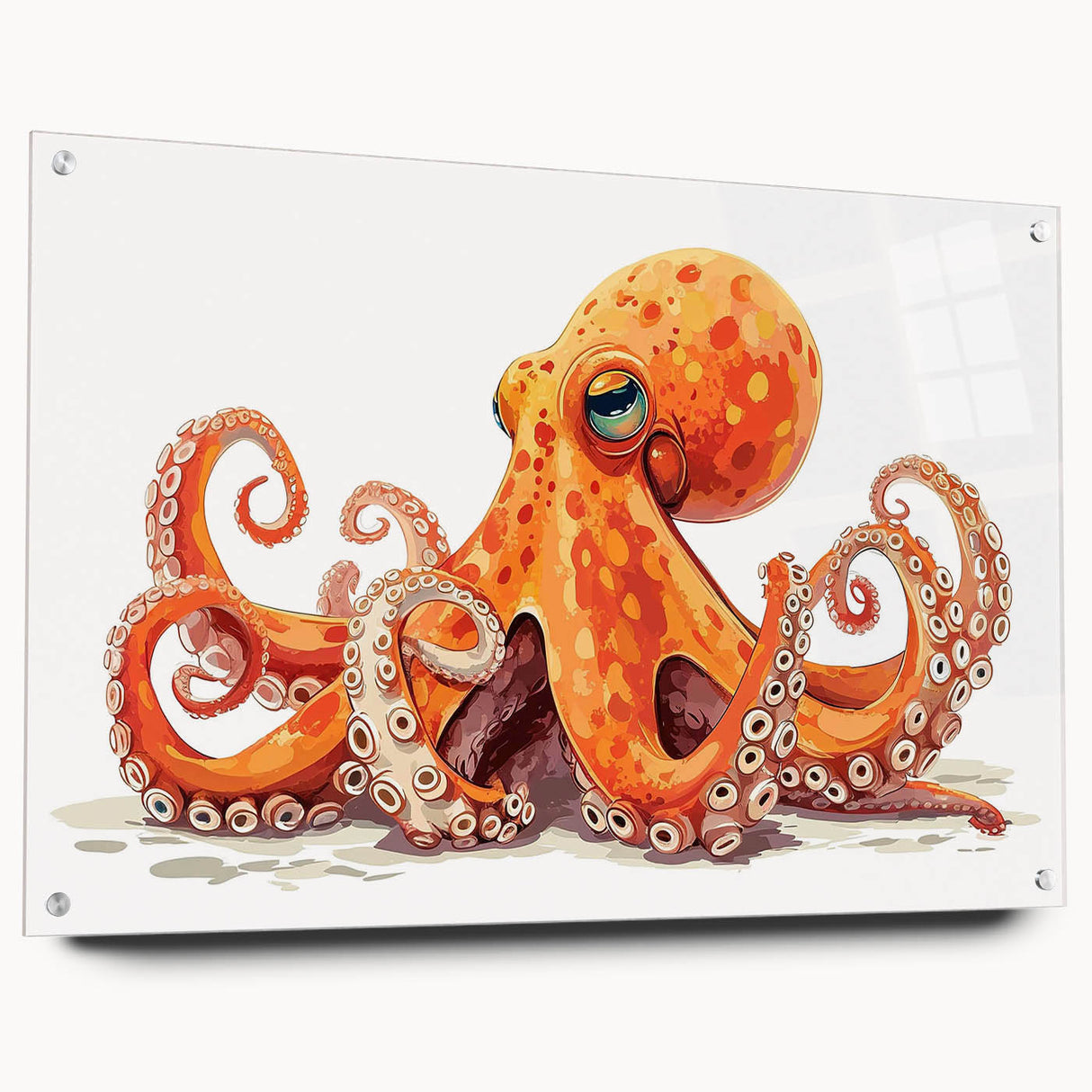 Vibrant acrylic wall art featuring a detailed octopus design, showcasing marine life in vivid colors, framed with pins for secure display. Perfect for ocean-themed decor.