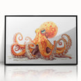 Framed wall art featuring a striking octopus design in vibrant colors, displayed in a sleek black frame, ideal for enhancing marine-themed decor.