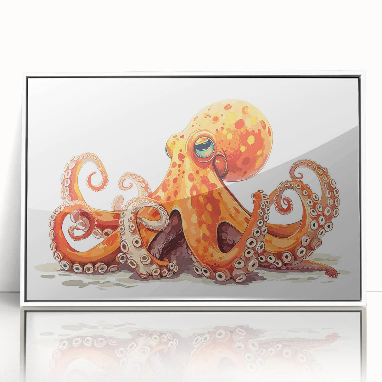 Framed acrylic wall art featuring a vibrant octopus design, showcasing intricate marine life details on a white background, perfect for ocean-themed decor.