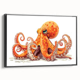 Framed wall art showcasing a vibrant octopus design on canvas, featuring a black frame. The artwork highlights intricate marine life details, perfect for ocean-themed decor.