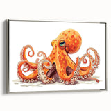 Framed canvas wall art showcasing a vibrant octopus design in shades of blue and purple, featuring a sleek silver frame, perfect for marine-themed decor.
