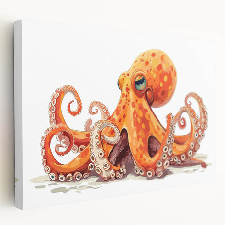 Stretched canvas wall art showcasing a vibrant octopus design, featuring intricate marine life details and bold colors, perfect for coastal home decor.