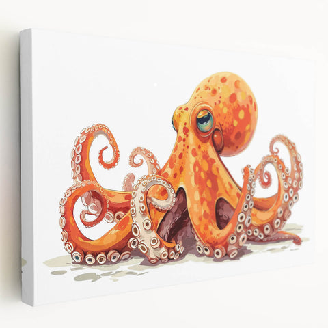 Stretched canvas wall art showcasing a vibrant octopus design, featuring intricate marine life details and bold colors, perfect for coastal home decor.
