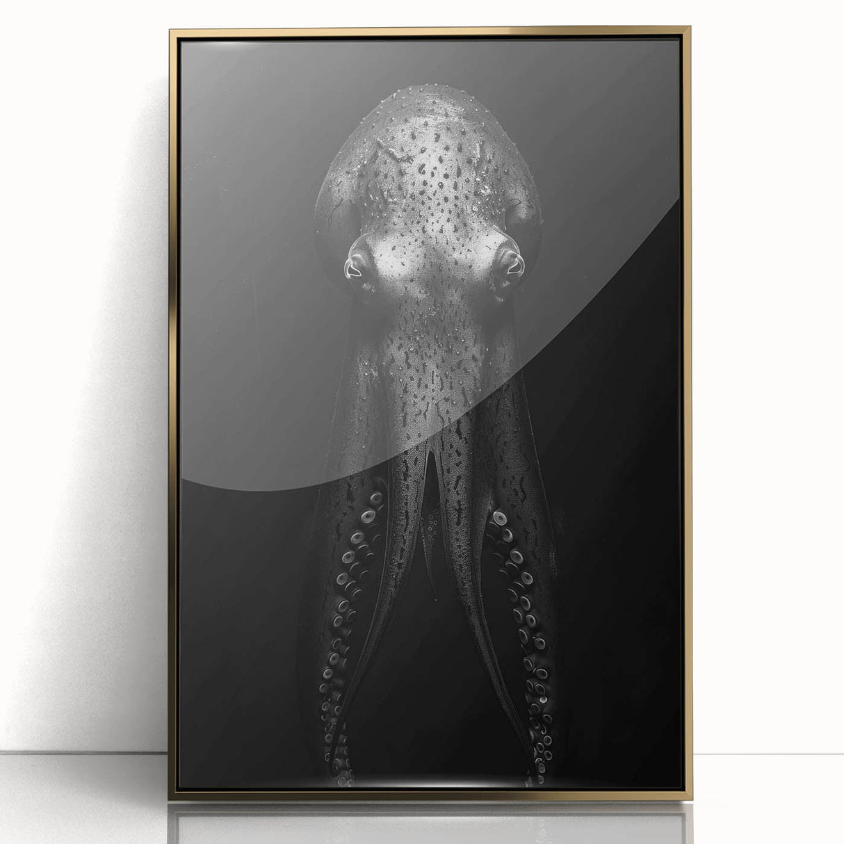 Framed wall art featuring a vibrant octopus design in acrylic with a gold frame, showcasing intricate marine life details and colorful hues, perfect for ocean-themed decor.