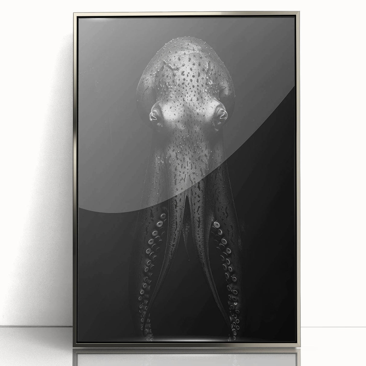 Framed acrylic wall art displaying a vibrant octopus design, featuring silver accents and a modern aesthetic, perfect for marine life enthusiasts and home decor.