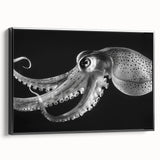Framed canvas wall art featuring a detailed octopus design in vibrant colors, set against a sleek black background, ideal for marine life enthusiasts and modern decor.