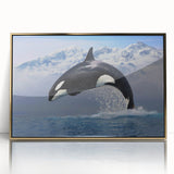 Framed wall art featuring a striking orca design in a gold-accented acrylic frame, showcasing vibrant marine life colors against a sleek backdrop, ideal for ocean-themed decor.