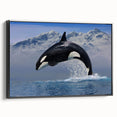 Framed wall art featuring a stunning orca design on a black canvas, showcasing intricate marine life details, perfect for ocean-themed home decor.