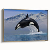 Framed wall art featuring a striking orca design on a textured canvas, set against a gold frame, showcasing marine life elegance for home decor.