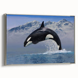 Framed wall art featuring a striking orca design on canvas, set within a sleek silver frame, showcasing marine life in vibrant colors against a dark background.