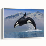 Framed canvas wall art featuring a vibrant orca design against a white background, showcasing intricate marine life details, ideal for ocean-themed decor.