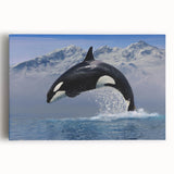 Stretched canvas wall art featuring a vibrant orca design, showcasing intricate marine life details and bold colors, ideal for ocean-themed decor. This artwork adds a striking focal point to any space, celebrating the beauty of the ocean and its creatures.