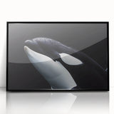 Framed acrylic wall art showcasing an orca design from the marine life collection, featuring a sleek black frame and vibrant colors, perfect for ocean lovers.