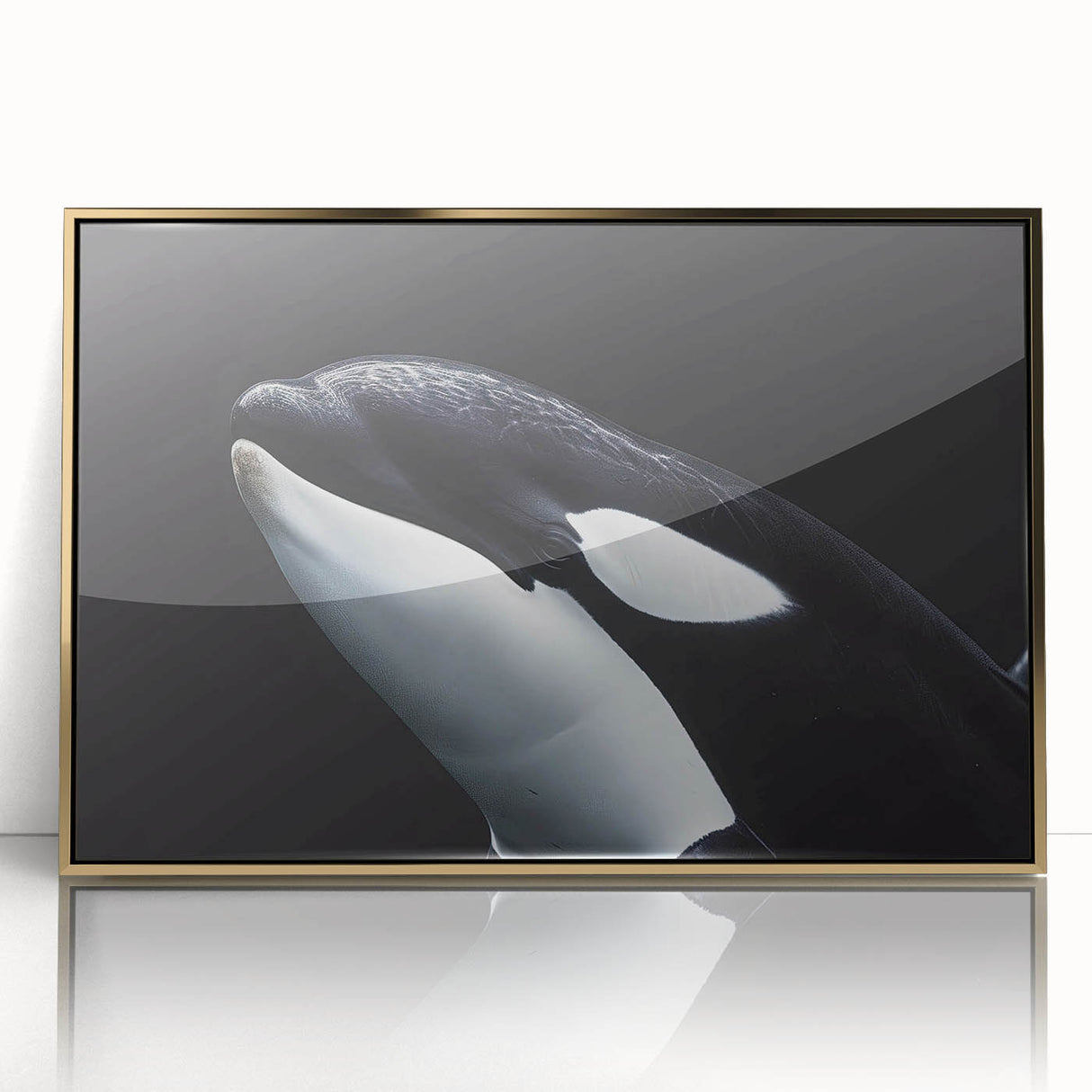 Framed wall art showcasing a vibrant orca design in a sleek acrylic finish, accented with gold trim, perfect for marine life enthusiasts and home decor lovers.