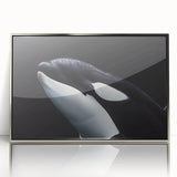 Framed wall art featuring a stunning orca design in vibrant colors, accented with a sleek silver frame, showcasing marine life in a captivating underwater scene.
