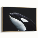 Framed canvas wall art featuring a vibrant orca design with marine life motifs, set against a gold background, ideal for ocean-themed decor.