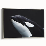 Framed canvas wall art showcasing a vibrant orca design, featuring intricate marine life details with a silver frame, ideal for ocean-themed decor.
