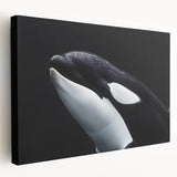 Orca wall art design on stretched canvas, showcasing vibrant marine life colors and intricate details, perfect for ocean-themed decor in any space.